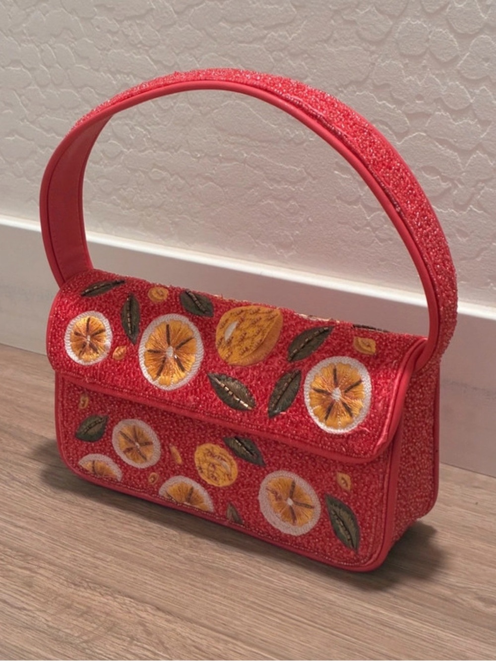 Budhagirl Pink Embroidered Citrus Shoulder Bag with Top Handle